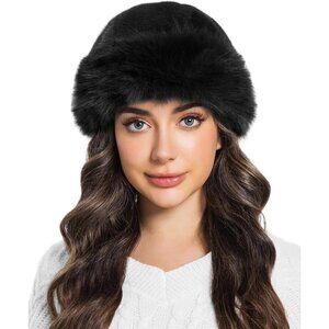 Women's Black Faux Fur Fluffy Bucket Hat Winter Warm Fuzzy Mongolian Hat